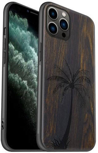 Carveit Coque en Bois pour iPhone 11 Pro Étui Protection Artistique Cover TPU Souple de téléphone Antichoc Compatible avec Apple 11 Pro Etui (Bois Sombre-Le Palmier)