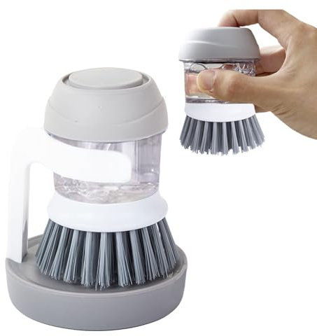 Cepillo para Fregar Platos, Lavaplatos con Dispensador de Jabón y Soporte, para Limpiar Platos, Libre de BPA y Tóxicos, Rellenable de Jabón lavavajillas, Cepillo ole up (Gris y Blanco)