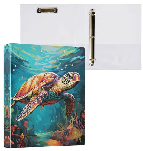 Linnyio Ausgefallene Aquarellschildkröte Schwimmend 3 Drei-Ring-Ordner, Klemmbrett-Ordner mit Taschen, Für Schule, Büro, Lehrer