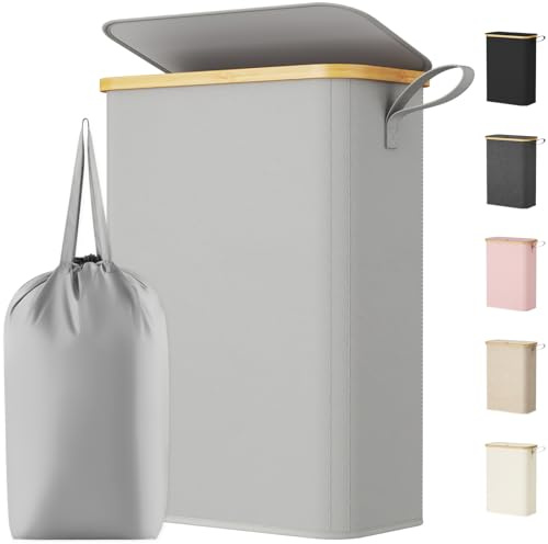 Lifewit 50L Slim Laundry Basket with Lid, Narrow, Removable Bag, Grey | Bamboo Handles, Foldable Thin Laundry Bin, Dirty Clothes Hamper for Laundry, Bathroom, Bedroom and Dorm