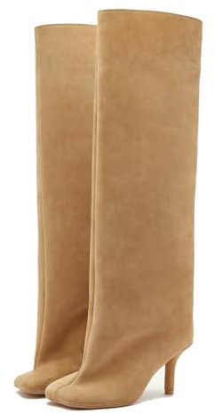Dumjey Bottes hautes pour femme - Talon aiguille - Bout carré - En daim - Bottes hautes à enfiler - Bottes longues - Mollets larges - Tendance - Décontractées - Mignon, Camel, 37 EU