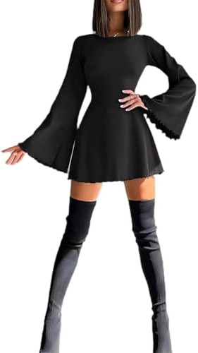 Nuevo Vestido de Manga de Campana Grande, Superventas, Falda Corta con Cordones Europea y Americana para Mujer - Negro - L