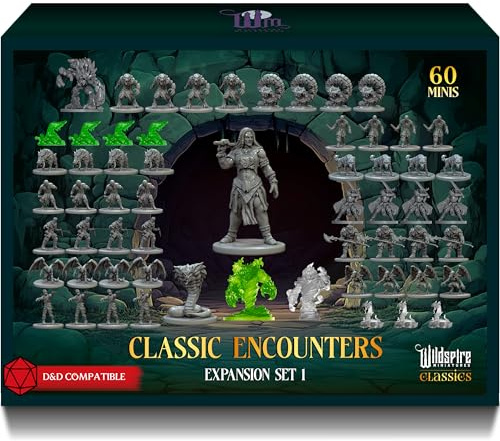 Klassiska möten – expansionssats I – 60 ikoniska DND-miniatyrer bulkmonster, omålade bordsskiva RPG DND Minis, D&D-miniatyrer, fantasifiguriner, fängelsehålor och drakar minis, 28 mm, monterade
