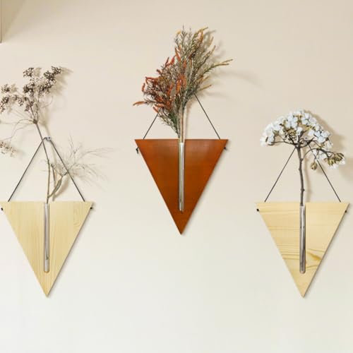 Tlence Paquete de 3 macetas de pared de madera, jarrones colgantes de madera, estación de propagación bohemia para interiores con tubo de vidrio, decoración bohemia de sala de estar para flores secas,