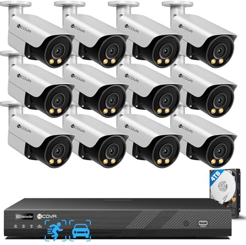 4COVR 16 Channel CCTV Camera Systems PoE, 16CH NVR 4TB, ELY37YX8M1612 | 12×4K Security Wired Bullet Camera IP67, 2-Way Talk, Color Night Vision, Human/Vehicle Detection, Surveillance for Businesses