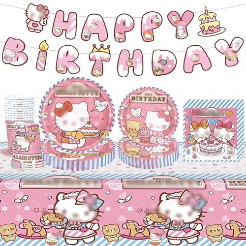 Kitty Party Tableware Set- Kitty Birthday Party Decorations Girls Party Supplies Happy Birthday Banner ParTy Plates Tablecloth Napkins for Theme Decorations