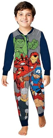 United Labels Marvel The Avengers Jumpsuit für Jungen, Grau Blau, 134-140, Fleece Overall Langarm, Einteiler Schlafanzug, Kuschelanzug für Kinder