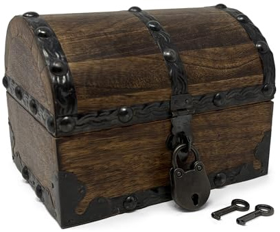 Nautical Cove Wood Treasure Chest with Decorative Rivets and Reinforcing Iron Strips with Lock and Skeleton Keys (Dark Antique, X-Small 5.5x4x4) – Wooden Keepsake Box, Pirate Decor, Storage Chest