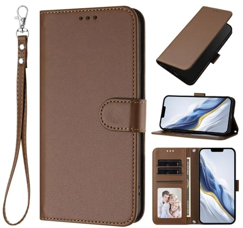 HAOFUGUI Funda Cartera para Moto G22 4G / E32S / E22S 4G, Cubierta de Cuero PU Carcasa, TPU Protección Antigolpes Funda, con Ranuras para Tarjetas Bolsillo y Correa de Muñeca-Marrón