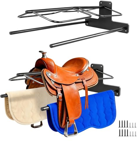 Zwinz 2Pcs Saddle Rack with Double Pad Bar, Heavy Duty Wall Mounted Saddle Stand for Western & English Saddles, Saddle Pad Rack for Horses Blanket, Tack Storage