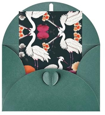 Tarjetas de felicitación elegantes de color verde oscuro – Dos grullas con estampado de crisantemo en blanco, tarjetas bendecidas para cumpleaños, boda, día de San Valentín