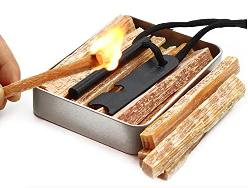 Fatwood Fire Starter Sticks - Indoor or Outdoor All Natural Pine Fire Starters for Campfires, Fireplace, Firepit, Wood Stove, or BBQ Grill - Kindling Wood Firewood Lighter (Tin Plus Flint Steel)