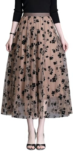 ZXTGBQ Gonne Midi in Tulle da Donna Elasticizzate Stampa Floreale Sovrapposizione a Strati Midi Gonna per Feste Abbigliamento Quotidiano (Kaki)