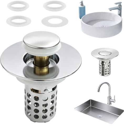 Zlokdraxy tapón Pop-up 3en1, INOX + latón, Cesta Filtro, 28-58mm, Cromado | cesta inox extraíble, antiobstrucción, hermético, universal 28-58mm, instalación sin herramientas, para lavabo/fregadero