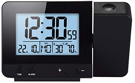 ALLOMN Despertador de Proyección, Reloj Despertador Digital Alarma Dual Con Puerto de Carga USB, 12/24 Horas/Temperatura/Día/ Hora/Fecha de Visualización /Dormitar Función (Negro)