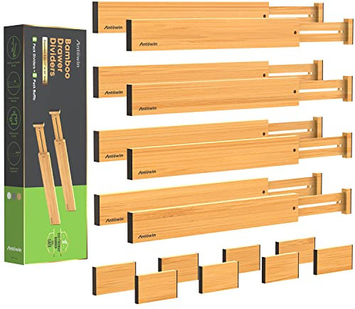 ANTOWIN Schubladentrenner Verstellbar Bambus (43-56 cm), Schubladen organizer, gefedert, Küche, Kommode, Badezimmer, Schlafzimmer, Babyschublade, Schreibtisch Ordnungssystem