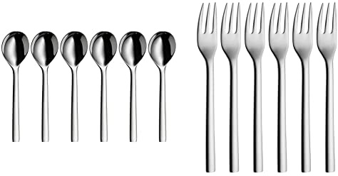 WMF Nuova Suppenlöffel Set 6-teilig, 17 cm, Müslilöffel, Kinderlöffel, Cromargan Edelstahl poliert spülmaschinengeeignet & Nuova Kuchengabel Set 6-teilig, 16 cm, Cromargan Edelstahl poliert, glänzend