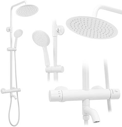 Rea Thermostat Duschsystem Lungo White Duschset Duscharmatur mit Duschkopf und Kopfbrause aus Messing Duschgarnitur für Badezimmer (Weiß)
