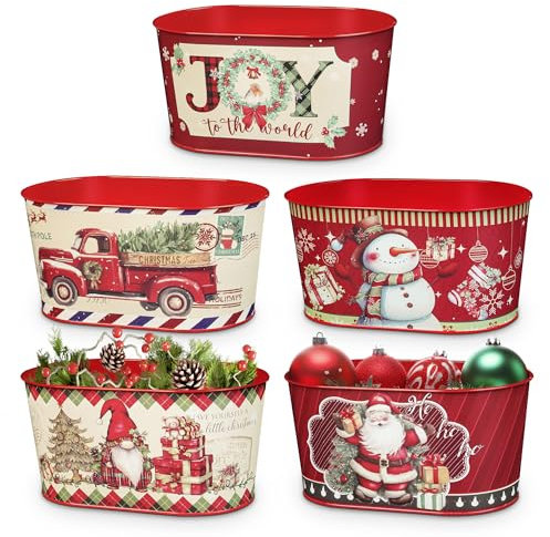 Putuo Decor Weihnachts-Metall-Eimer, 5 Stück, klein, verzinkt, für Partys, ovaler Weihnachtsfeier-Eimer, Geschenkeimer, Süßigkeiten-Box, Eimer für Familie, Tafelaufsatz, Dekoration, 22,9 cm