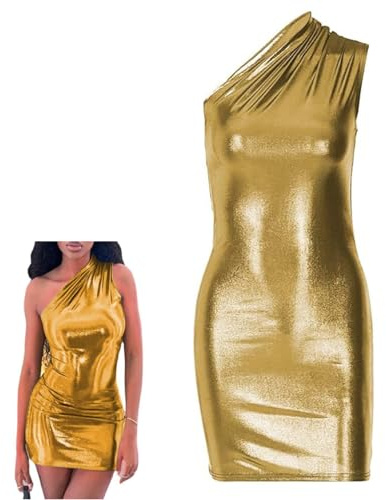 SamHeng Abito Lucido da Donna, Mini Abito Club Aderente con Increspatura Metallizzato su Una Spalla, Gonna Anca Club Effetto Wetlook Metallizzato, Abito da Cocktail Sexy in Pelle PU Senza Maniche