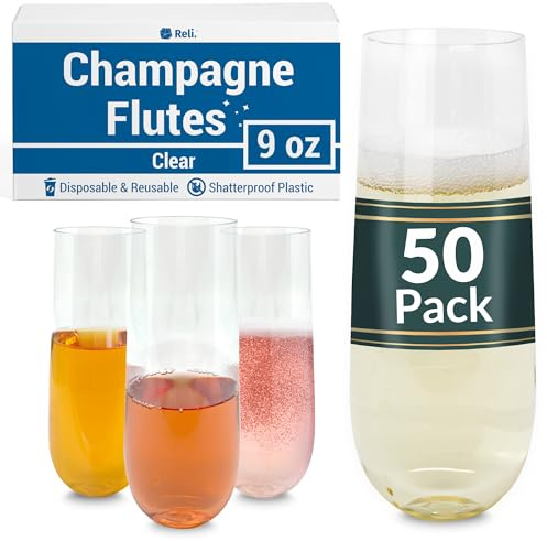 Reli. Champagne Flutes Plastic (50 Pack, 9oz) Clear, Stemless | Disposable Mimosa Glasses for Champagne, Mimosa, Cocktail, Wedding/Parties | BPA-Free Plastic Champagne Flutes, Shatterproof Cups