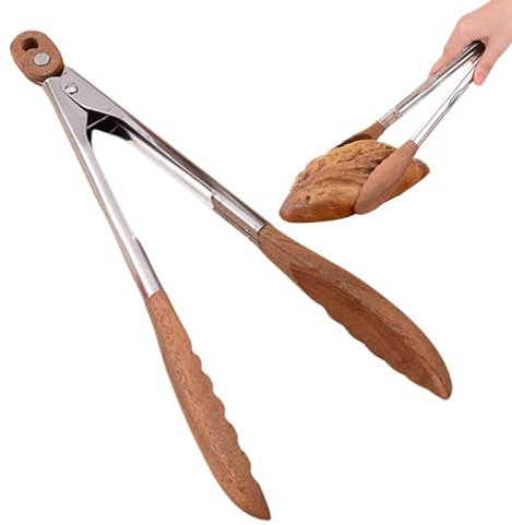 Pinzas de ensalada para servir, pinzas de cocina antideslizantes con mango de acero inoxidable, pinzas de ensalada de madera, pinzas de pasta con utensilios para servir ensaladas, pinzas resistentes