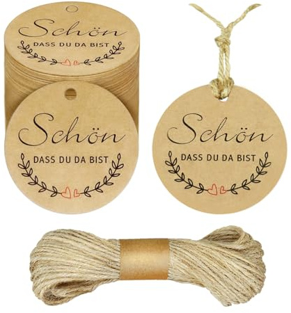 Suofuolef 100 Stück Hochzeit Geschenkanhänger, Schön dass du da bist Anhänger mit 10m Jute Schnur für Gastgeschenke zur Hochzeit