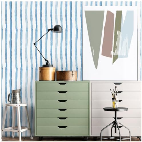 FENTIS Blu Effetto Strisce Carta da Parati Autoadesiva Bianco Staccare e Incollare Carta a Contatto Plastica Adesiva Film Vinilico Adesivo Murale Rotoli per Cucina Armadio Lavabile 44,5x1000cm