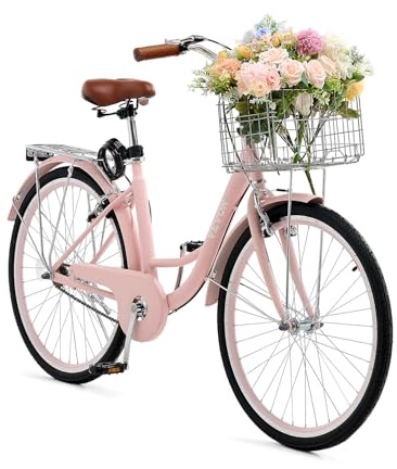 VEVOR Vélo croiseur, 1 Vitesse, vélo de Plage Rose de 660,4 mm, avec Panier de Grande capacité, Porte-Bagages arrière et siège réglable, sécurisé et Robuste, pour Cyclisme, Exercice et Shopping