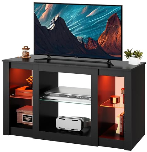 WLIVE TV Schrank, Lowboard Schwarz mit 22 Farben RGB Fernsehschrank, Fernsehtisch Klein mit Verstellbaren Glasböden, Sideboard für Wohnzimmer Schlafzimmer, Schwarz, 100 x 40 x 56 cm