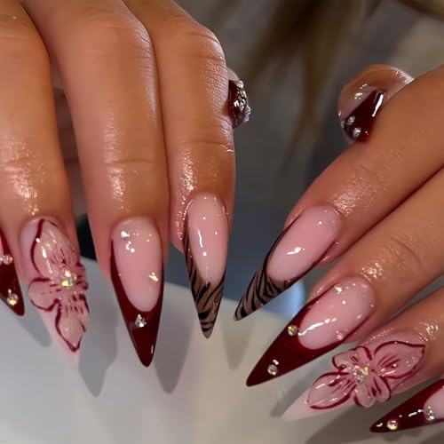 BelleFlair 24 Pcs Press on Nails Almond, Luxury Handmade 3D Fake Nail with Rhinestones Flower Design, Glitter Stick on Nails for Women, Nail Press Ons