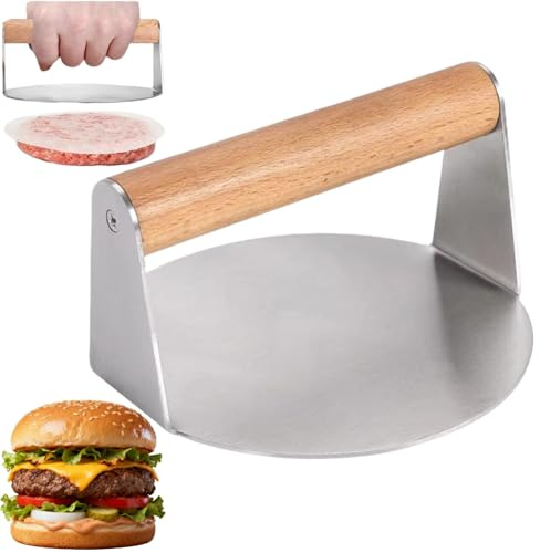 Smash Burger Press 5.5 Inch Stainless Steel Burger Smasher Bacon Steak Meat Press with Anti-Scald Wooden Handle for Flat Top Griddle Grill Cooking BBQ Paninis Flatbreads and Sandwich Maker Kit