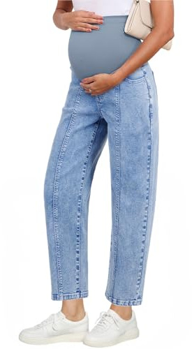 BLENCOT Women's Maternity Jeans Work Pants Stretchy Over Belly Ankle Wide Leg Pregnancy Clothes with Pockets Light Blue Medium