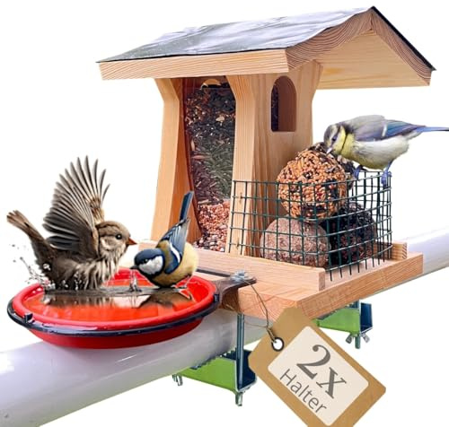STAFECO Vogelhaus Balkon Vogelfutterhaus aus Holz mit 2 Haltern Futtersilo für Körner & Meisenknödel STAFECO Vogelhaus Balkon Vogelfutterhaus mit Balkonhalterung Balkongeländer