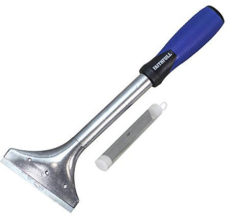 Faithfull Heavy-Duty Long Handle Scraper with 5 Replacement Blades for Removing Paper & Vinyl Wall Coverings – 100mm (4in) Blade, 300mm (12in) Length