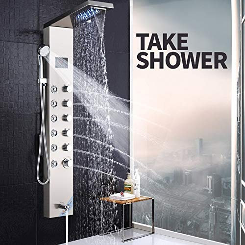 Pannello doccia a LED in acciaio inox con indicatore di temperatura e 8 ugelli massaggianti. Colore: (nichel spazzolato)