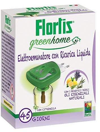 Flortis Green Home Elettroemanatore con 1 ricarica liquida. Antizanzare elettrico per piastrine antizanzare e/o ricarica liquida. Protezione naturale e profumata fino 45gg. Antizanzare per interno.