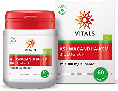 Vitals Ashwagandha KSM Bio - Nahrungsergänzungsmittel als Adaptogen, 60 Kapseln mit 300mg biologischer Ashwagandha-Wurzel - Unterstützt Stressresistenz und Vitalität