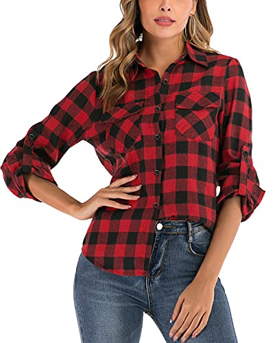 Enjoyoself 100% Cotone Donna Camicia a Quadri Flanella Blusa Casual Manica Lunga Capo Classico Shirts Tops