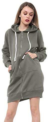 GW CLASSY OUTFIT Kvinnor Damer Flickor Lång Huvtröja Dragkedja Ficka Sweatshirt Jumper Fleece Klänningar Topp Cardigan Kappa, Kaki lång, 38-40