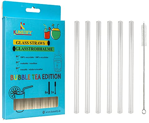 KUNSTIFY - Lot de 6 pailles réutilisables en verre transparant - Passent au lave-vaisselle - brosse de nettoyage incluse (Bubble Tea edition)