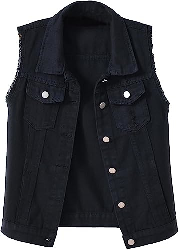 Lazutom Gilet sans manches en jean effet vieilli pour femme
