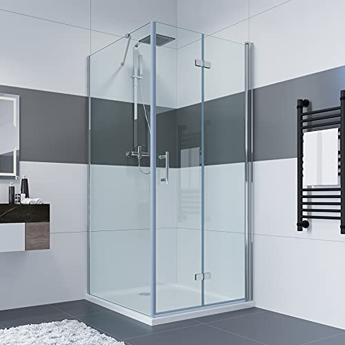 IMPTS Duschkabine Eckeinstieg 90x70 x 195 cm Duschabtrennung mit Falttür Rahmenlos Eckdusche Duschtür Scharniertür Nano Glas, ohne Duschtasse & Ablauf