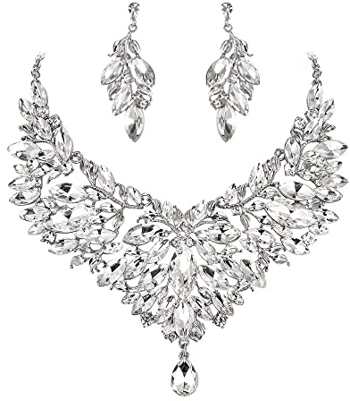 Clearine Braut Schmuck-Set Marquise-Kristall-Strass-Cluster-Statement-Halskette und baumelnden Ohrringe Set für Damen Hochzeit Party Klar Silber-Ton