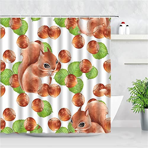 Duschvorhang für Eckdusche und Kleine Badewanne, Bad vorhang Textil aus Polyester Stoff Schimmelresistent Wasserabweisend und Waschbar, Eichhörnchen， 300x180cm mit Duschvorhangringen Shower Curtains