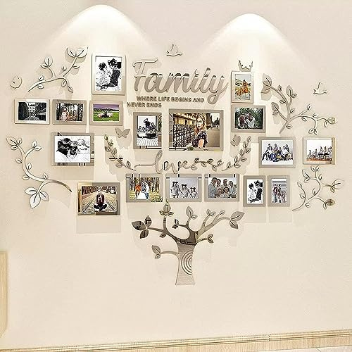 Baum Stammbaum Wandsticker Wohnzimmer - 3D DIY Wandsticker Wall Stickers Wanddeko Deko Wandtattoo Baum für Wohnzimmer Schlafzimmer Bilderrahmen 15x20 10x15 Fotowand(Silber 146 * 207cm)