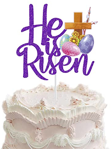 Décoration de gâteau He is Risen - Violet à paillettes - Jésus - Décoration de gâteau pour Jésus, Pâques, fête chrétienne, croix