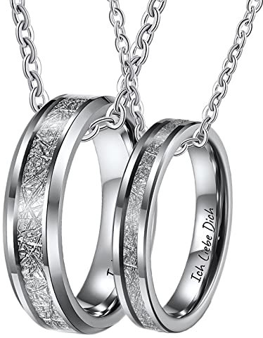 KnSam Partner Kette aus Wolfram, 4/6MM Ring Anhänger Kohlefaser Gravur Ich Liebe Dich Pärchen Halskette 2pcs, Silber, Damen 54 Herren 62, 60cm & 50CM Länge