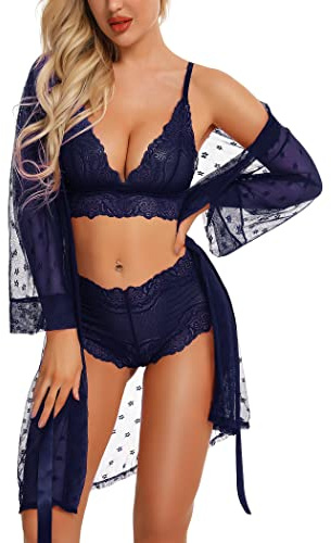 RSLOVE Sexy Lingerie pour Femmes Ensemble de Lingerie en Dentelle avec Peignoir en Ensemble 3 pièces Vêtements de Nuit Bleu Marine XL