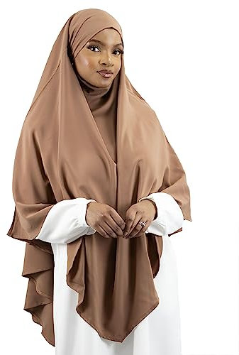 Lamis Hijab - Khimar 2 Schleier zum Überziehen aus Medinenseide, Jilbab für muslimische Frauen, verhüllt KH200, hellbraun, One size